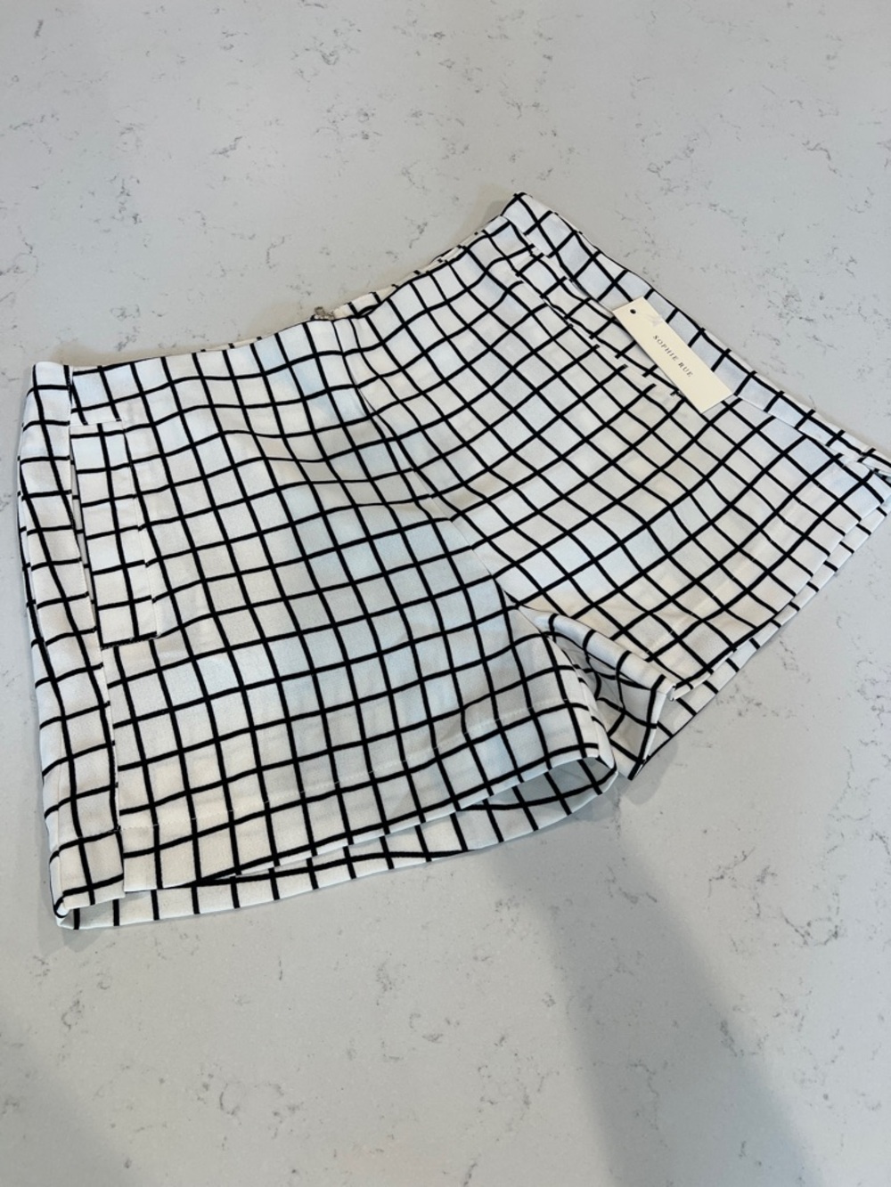 Sophie Rue White High-Waist Grid Shorts with Black Windowpane